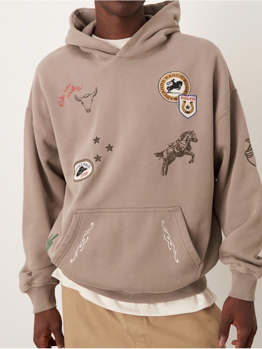 Abercrombie & Fitch Taupe Graphic Hoodie with Western Patches